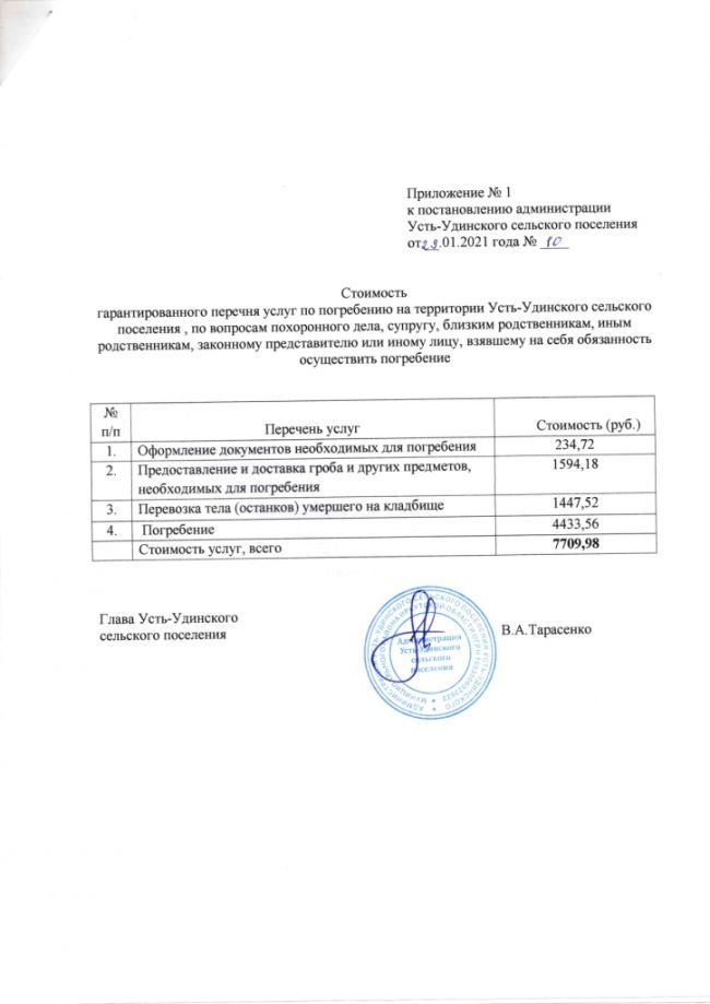 Об утверждении стоимости услуг, предоставляемых согласно гарантированному перечню услуг по погребению на территории Усть-Удинского сельского поселения